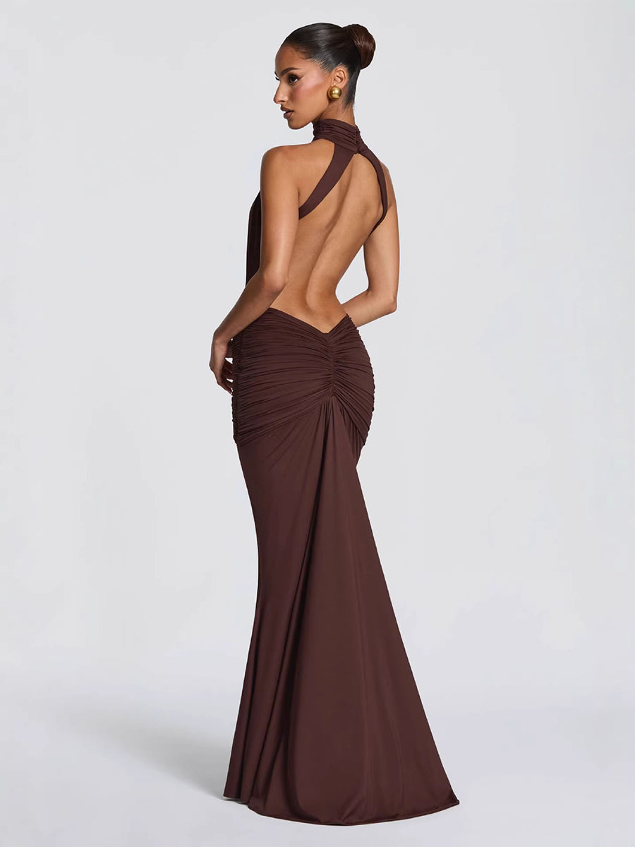 Halter Backless Cutout Ruched Mermaid Evening Dress XF251340