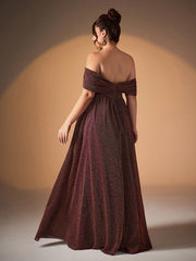 Plus Glitter Off-Shoulder A-Line Slit Evening Dress XF251301