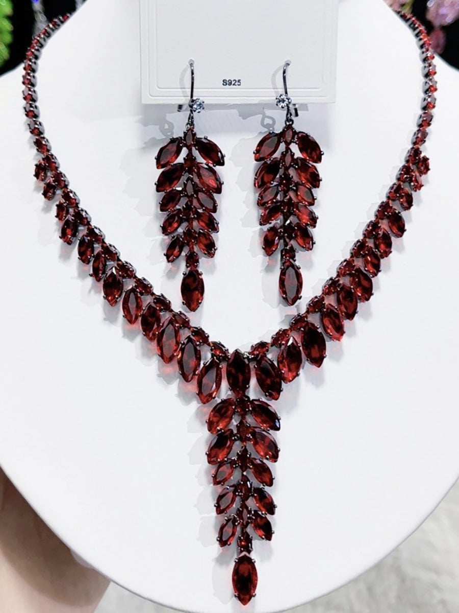Garnet Red Crystal Leaf Cluster Necklace Set MRL20007
