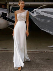 White Beaded Illusion Neck Cape Sleeve Satin Mermaid Wedding Dress MSW080