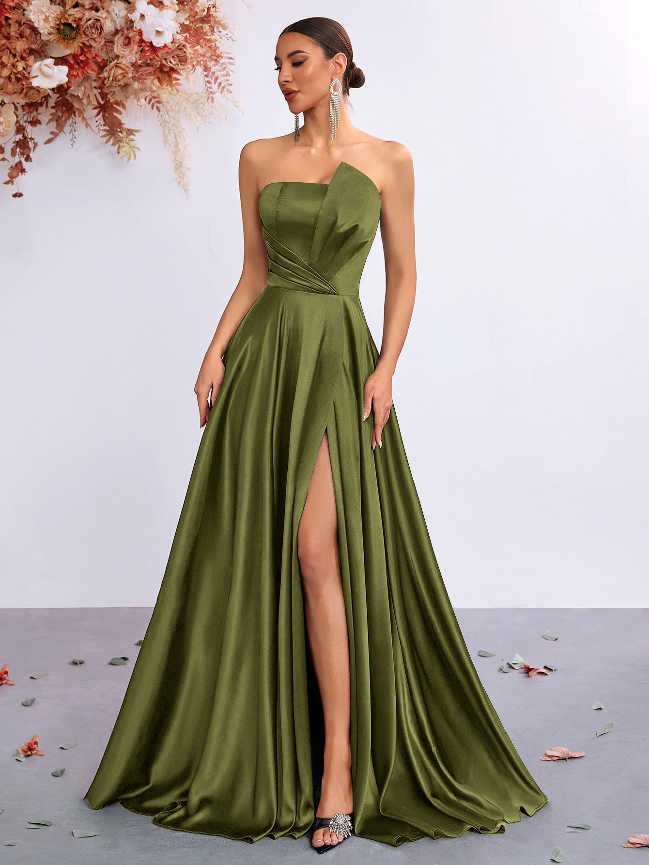 Olive Strapless Folds Satin A-Line Evening Dress XF251345