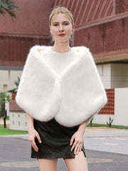 White Short Faux Fur Knitted Poncho Shawl MSF041