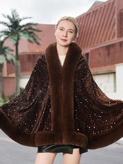 Sequin Solid Elegant Faux Fur Trim Cape Shawl MSF039