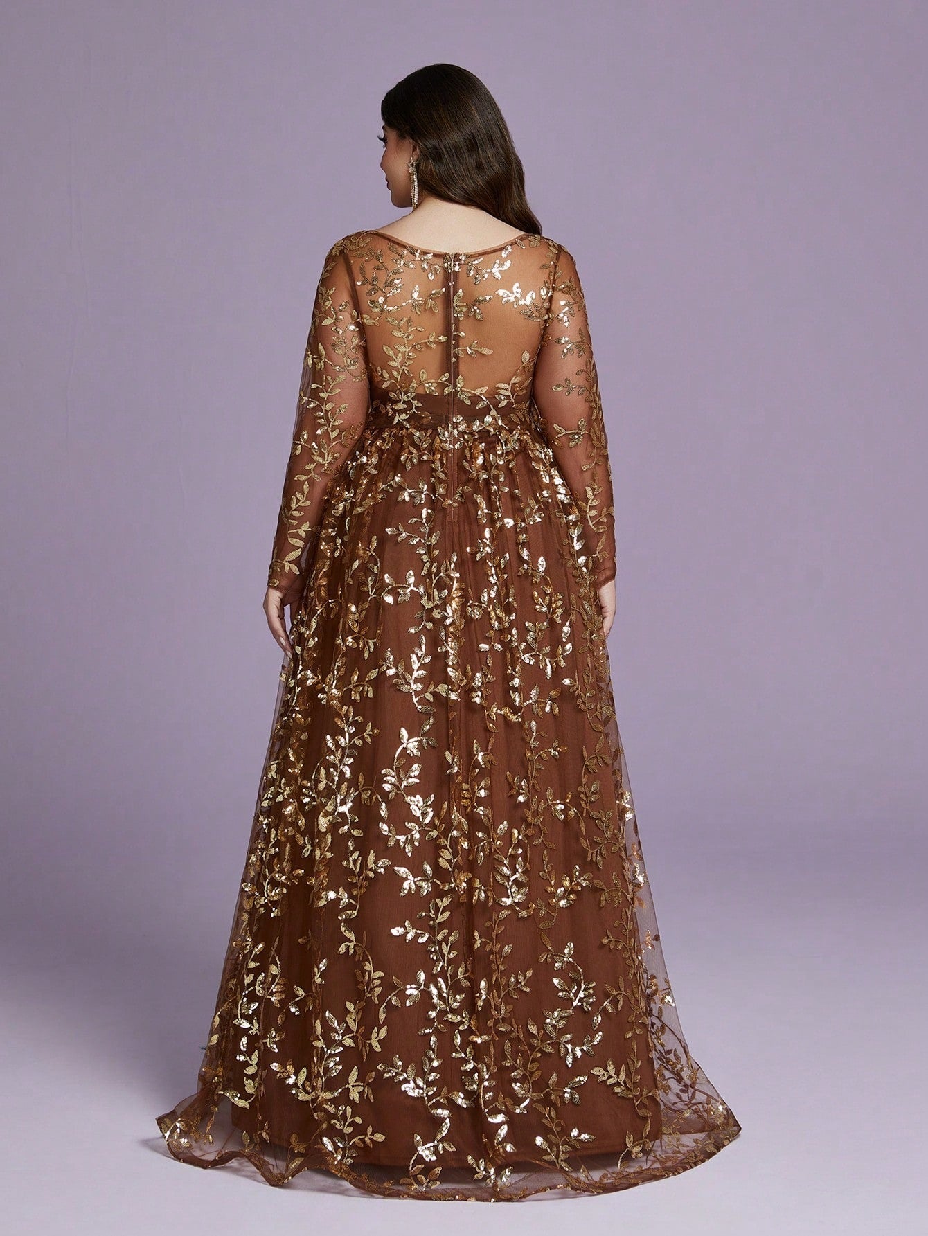 Plus Size Brown Leaf Sequin Long Sleeve Maxi Dress XF251304