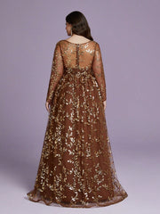 Plus Size Brown Leaf Sequin Long Sleeve Maxi Dress XF251304