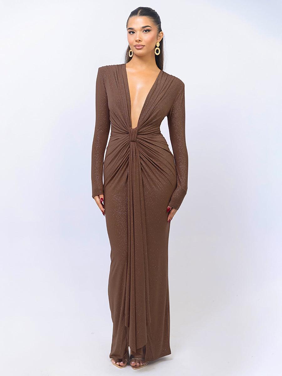 Plung Long Sleeve Ruched Solid Prom Dress MYC2022