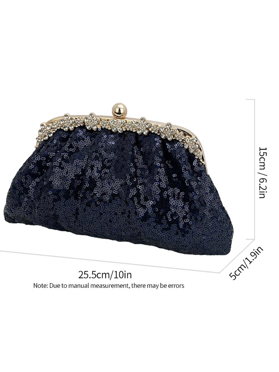 Navy Sequin Rhinestone Trim Ruched Clutch MNBF125