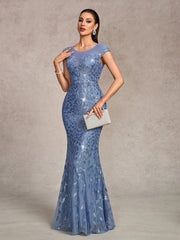 Dusty Blue Leaf Sequin Mermaid Evening Dress XF251367