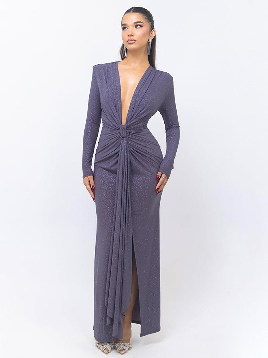 Plung Long Sleeve Ruched Solid Prom Dress MYC2022