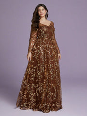 Plus Size Brown Leaf Sequin Long Sleeve Maxi Dress XF251304