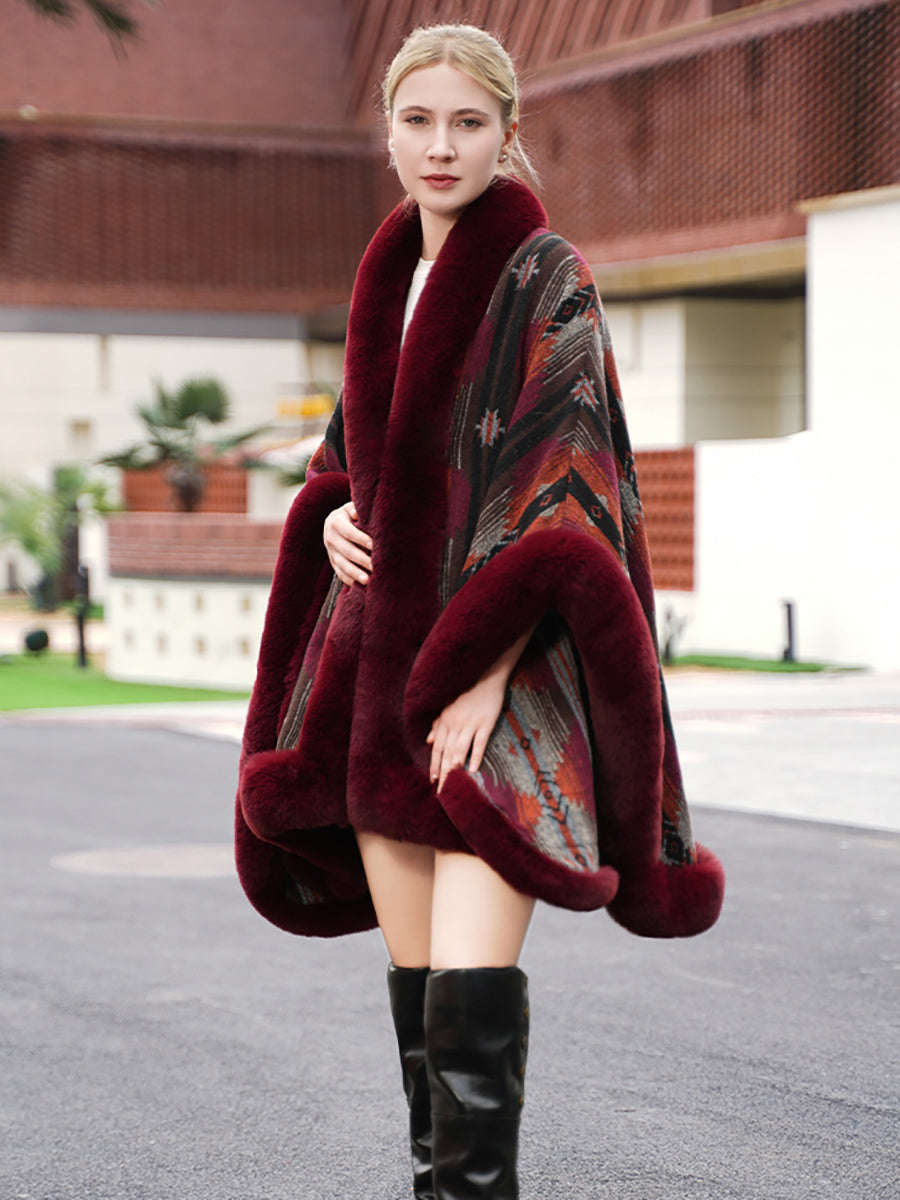 Geometric Faux Fur Trim Cape Shawl MSF034
