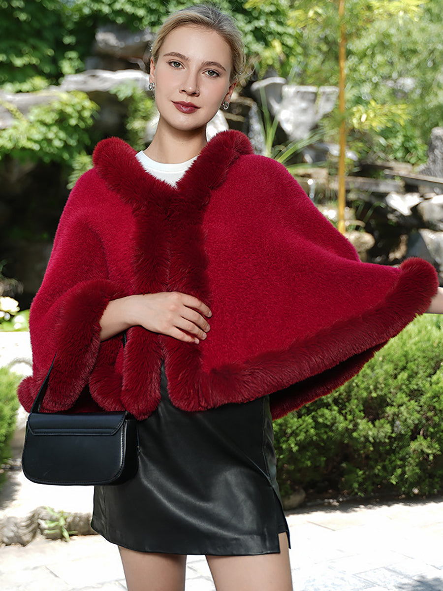 Short Elegant Faux Fur Trim Knitted Poncho Shawl MSF040