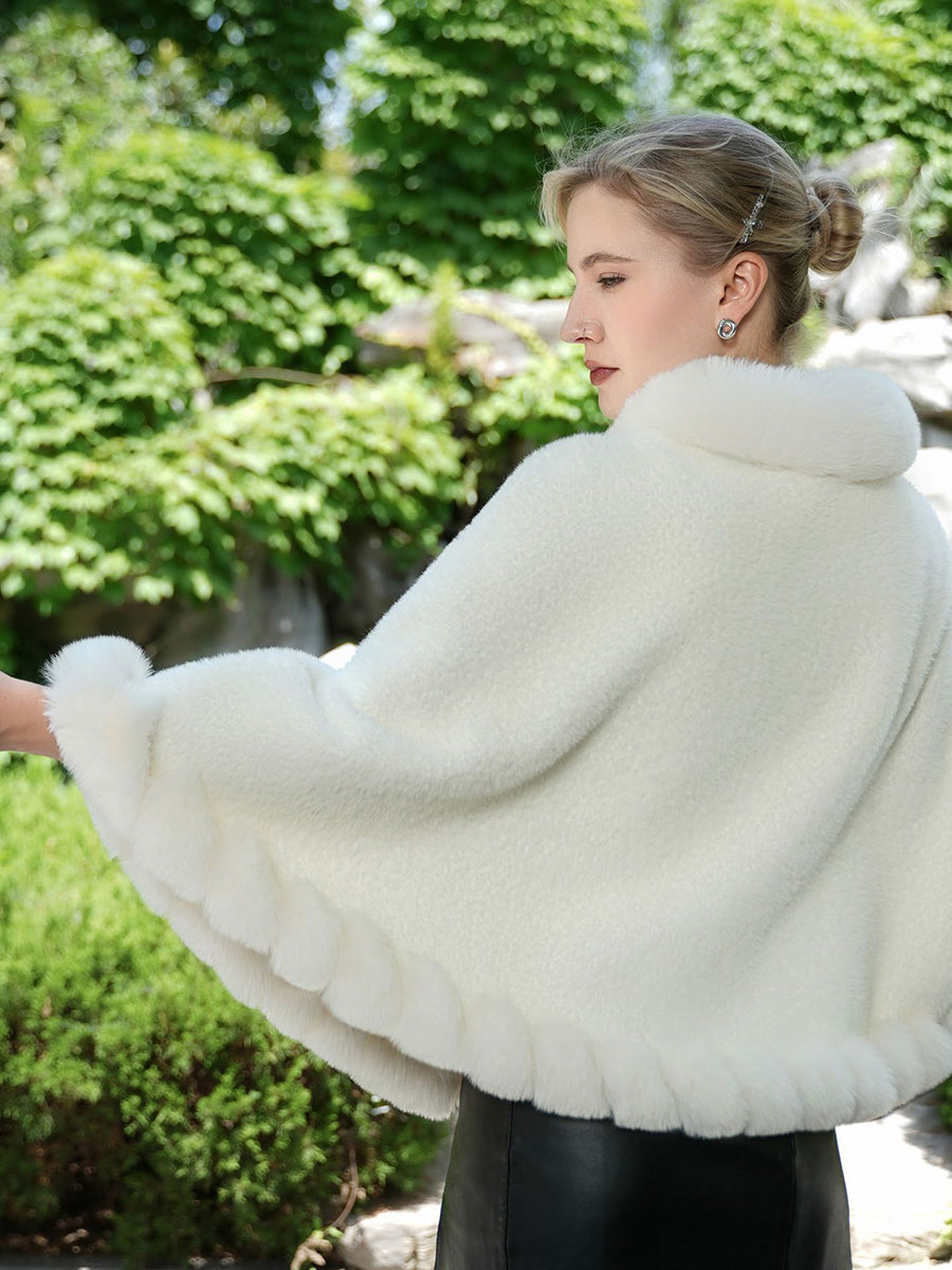 Short Elegant Faux Fur Trim Knitted Poncho Shawl MSF040