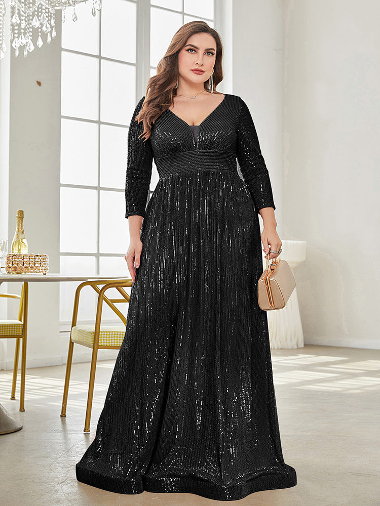 Long Sleeve V-neck Sequin Wedding Guest Dress MYC2040