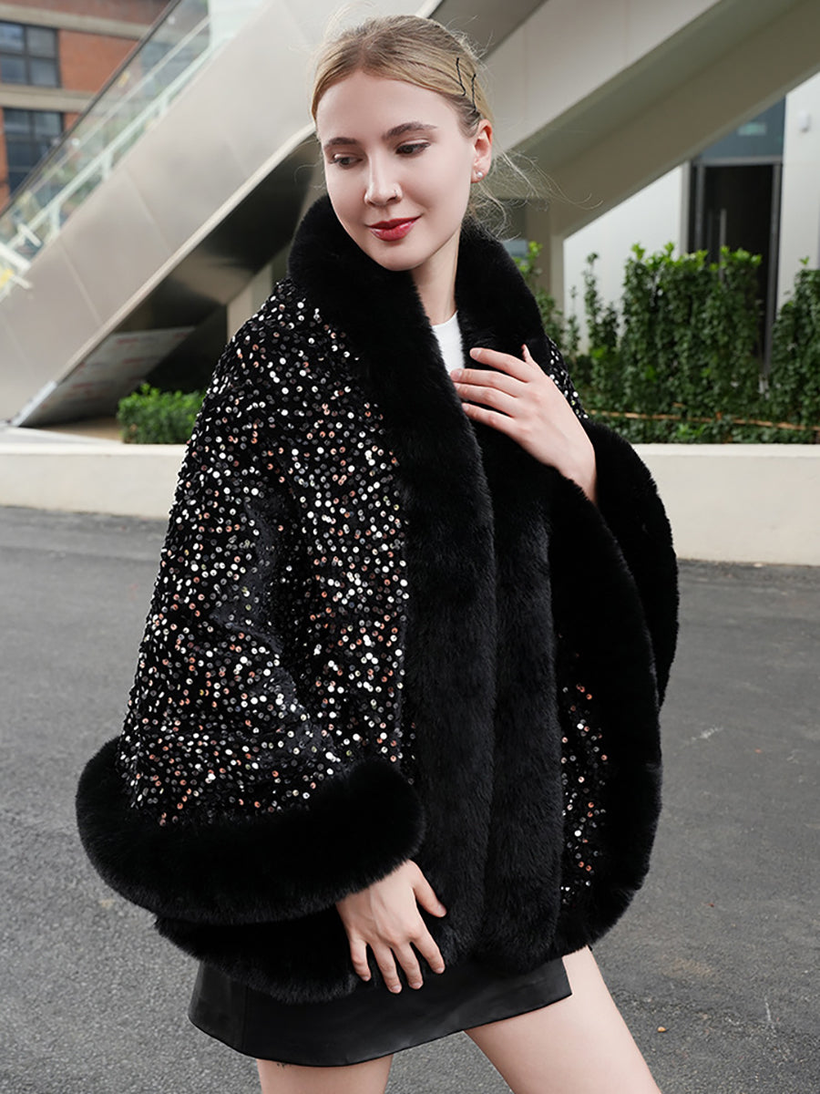 Sequin Solid Elegant Faux Fur Trim Cape Shawl MSF039