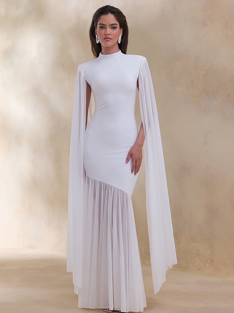 High Neck Cape Sleeve Asymmetric Pleated Maxi Dress XF251354