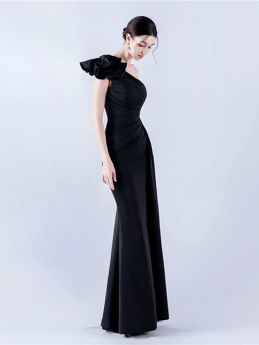 One Shoulder Flower Pleated Draped Prom Dress MYN1002
