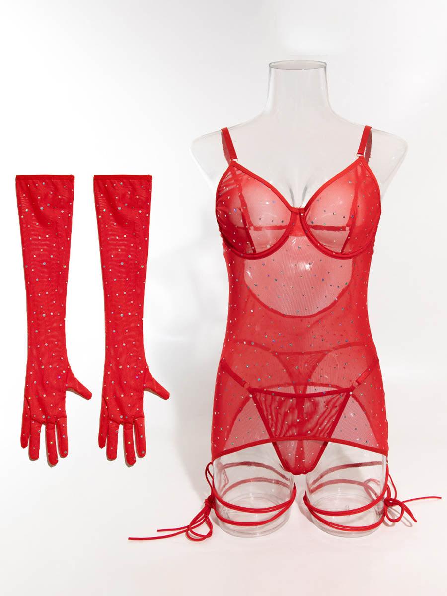 See-through Solid Rhinestone Glove Ties Three-Piece Set MSL065