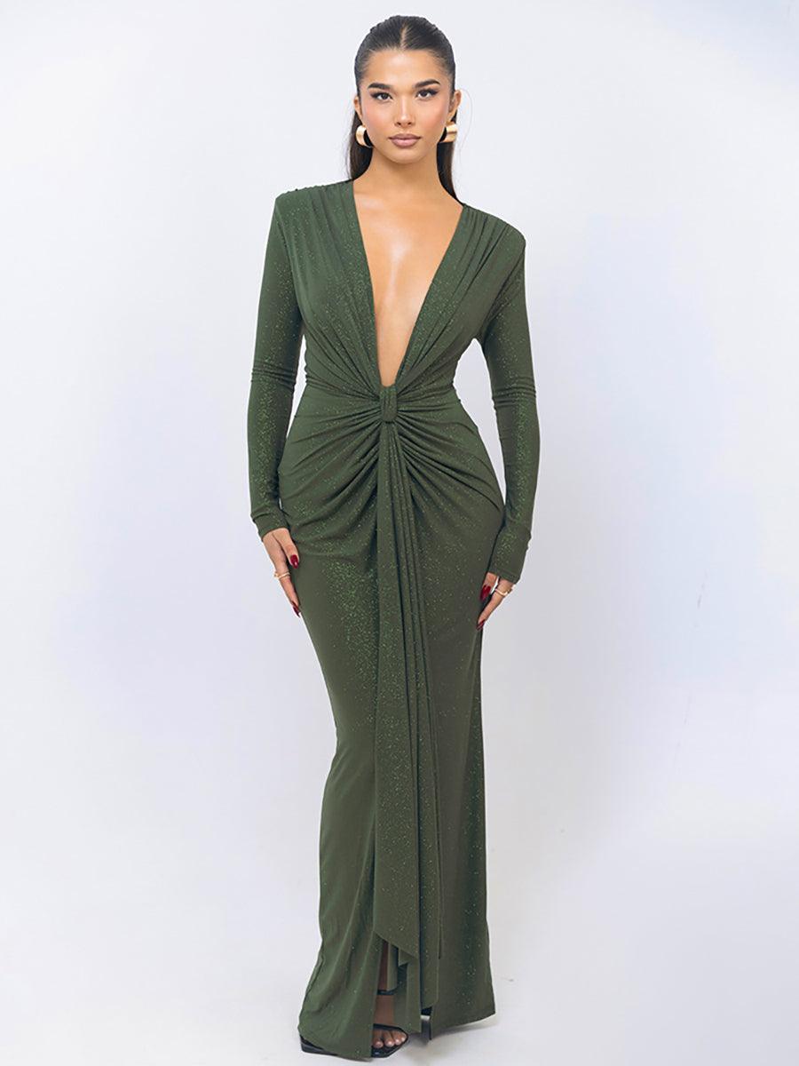 Plung Long Sleeve Ruched Solid Prom Dress MYC2022