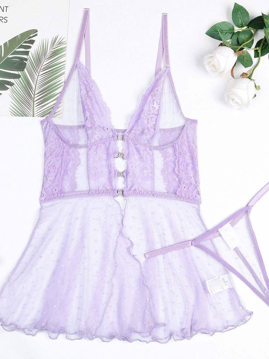 Lavender See-through Sexy Polka Dot Lace Two-piece Set MSL087