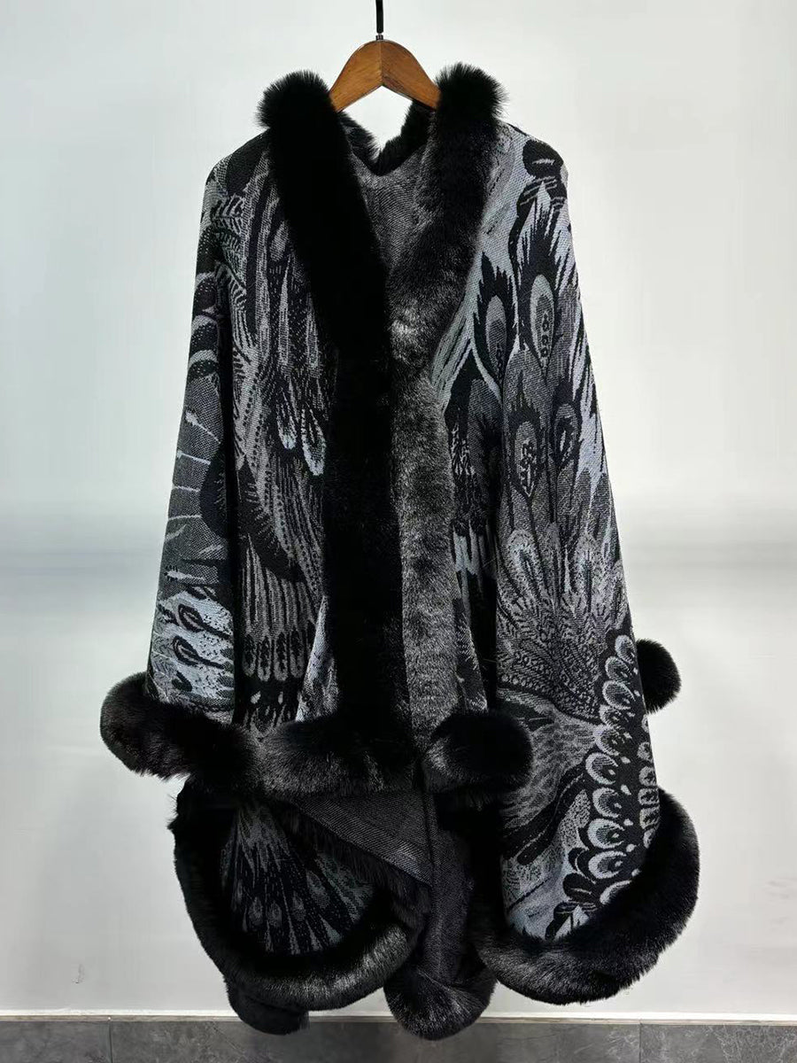 Graphic Elegant Faux Fur Trim Cape Shawl MSF038
