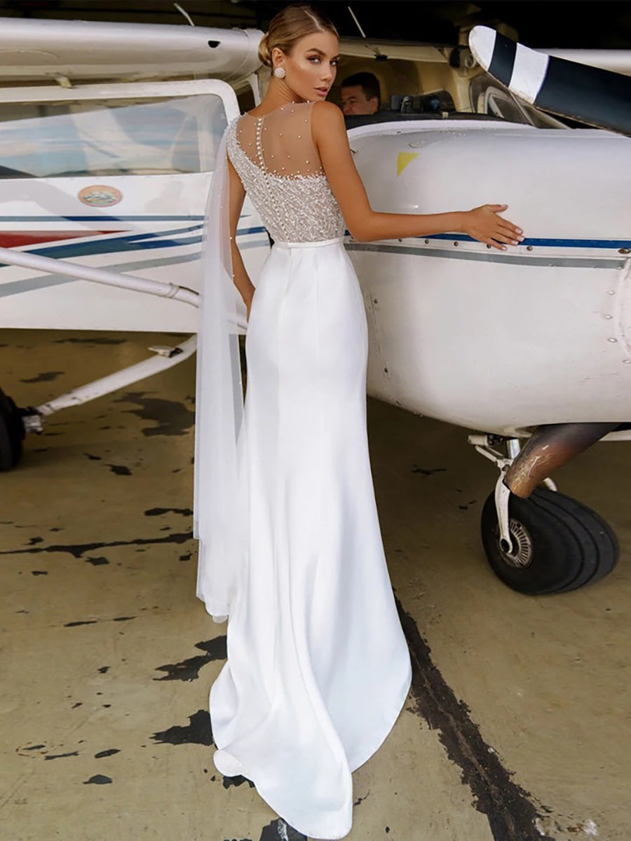 White Beaded Illusion Neck Cape Sleeve Satin Mermaid Wedding Dress MSW080