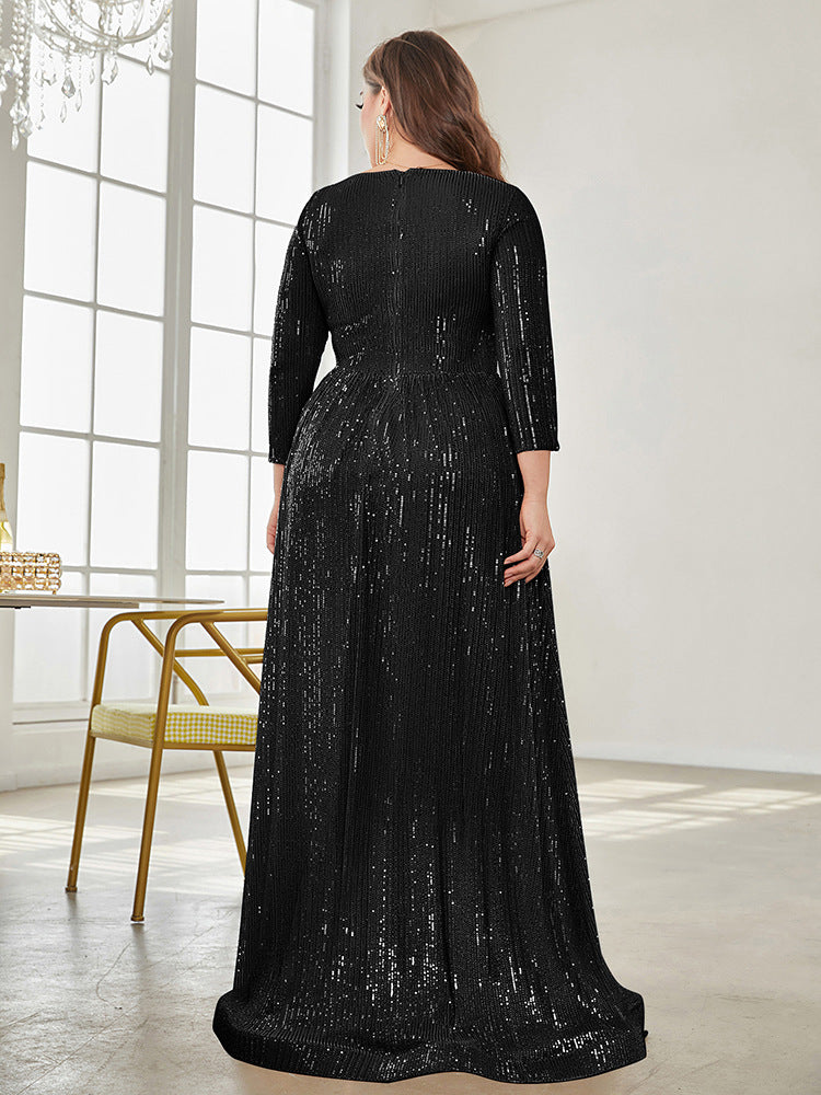 Long Sleeve V-neck Sequin Wedding Guest Dress MYC2040