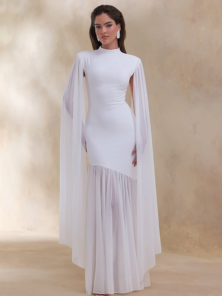 High Neck Cape Sleeve Asymmetric Pleated Maxi Dress XF251354