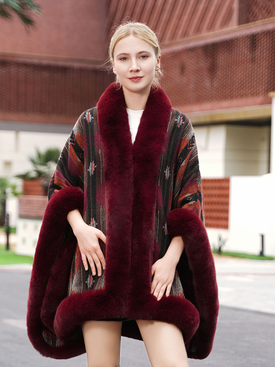 Geometric Faux Fur Trim Cape Shawl MSF034