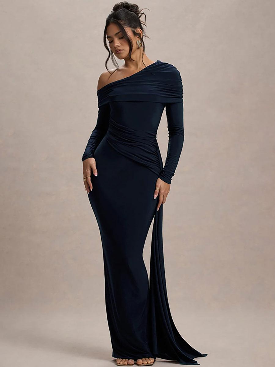 Slash Neck Ribbon Ruched Solid Prom Dress MYC2024