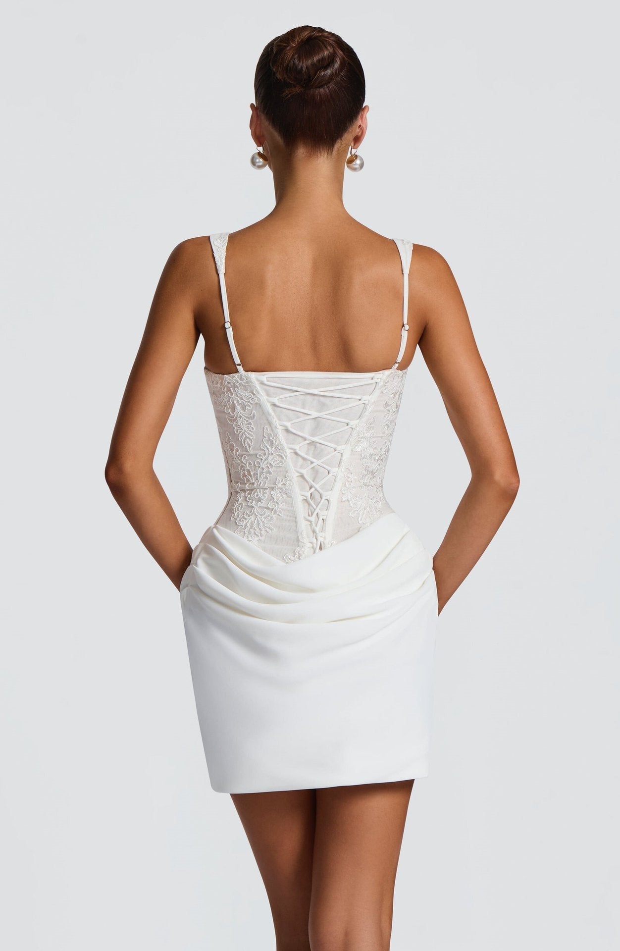 White Ruched Lace Corset Cocktail Dress