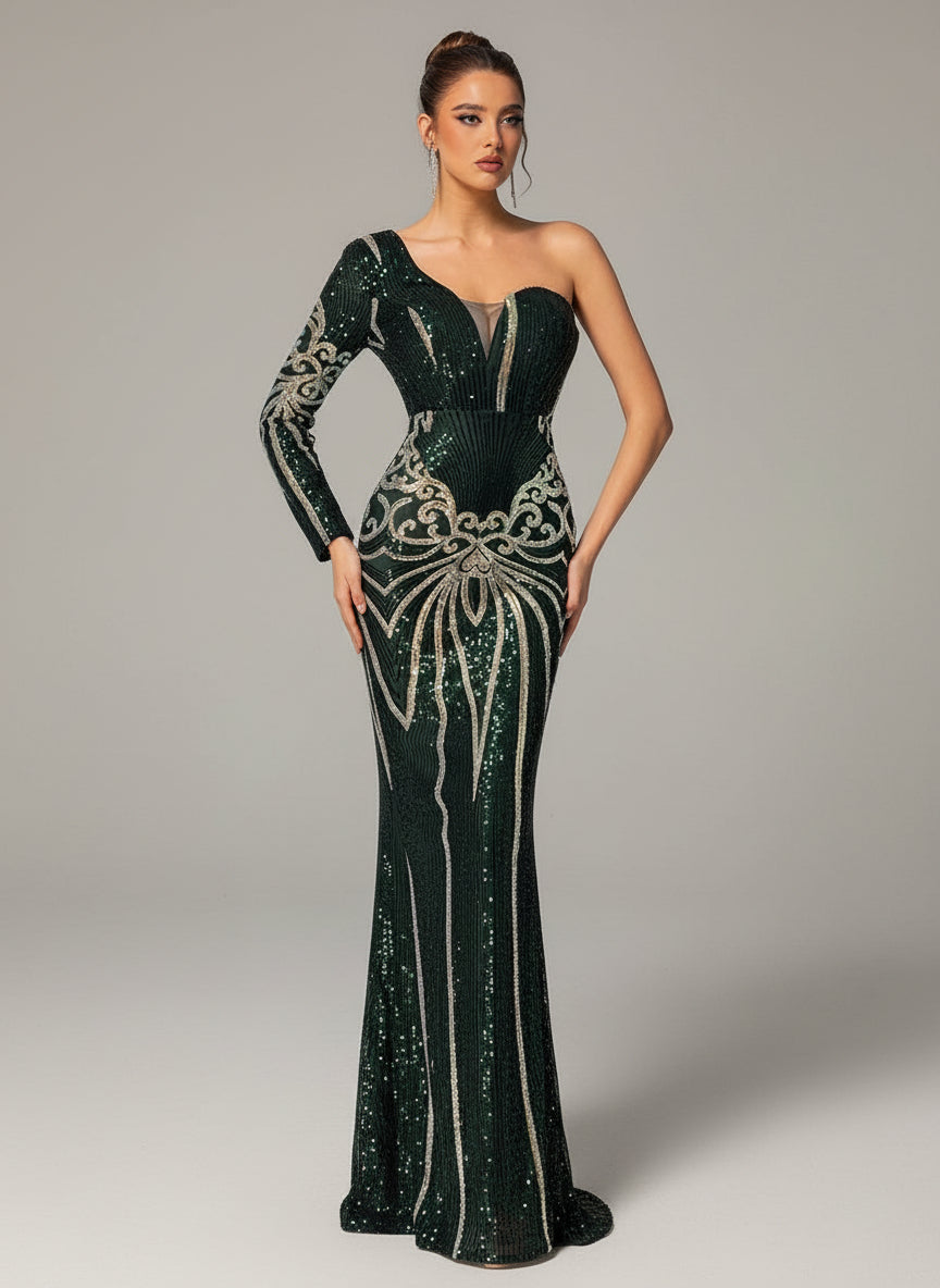 Green One Shoulder Sequin Mermaid Prom Dress MYC1042