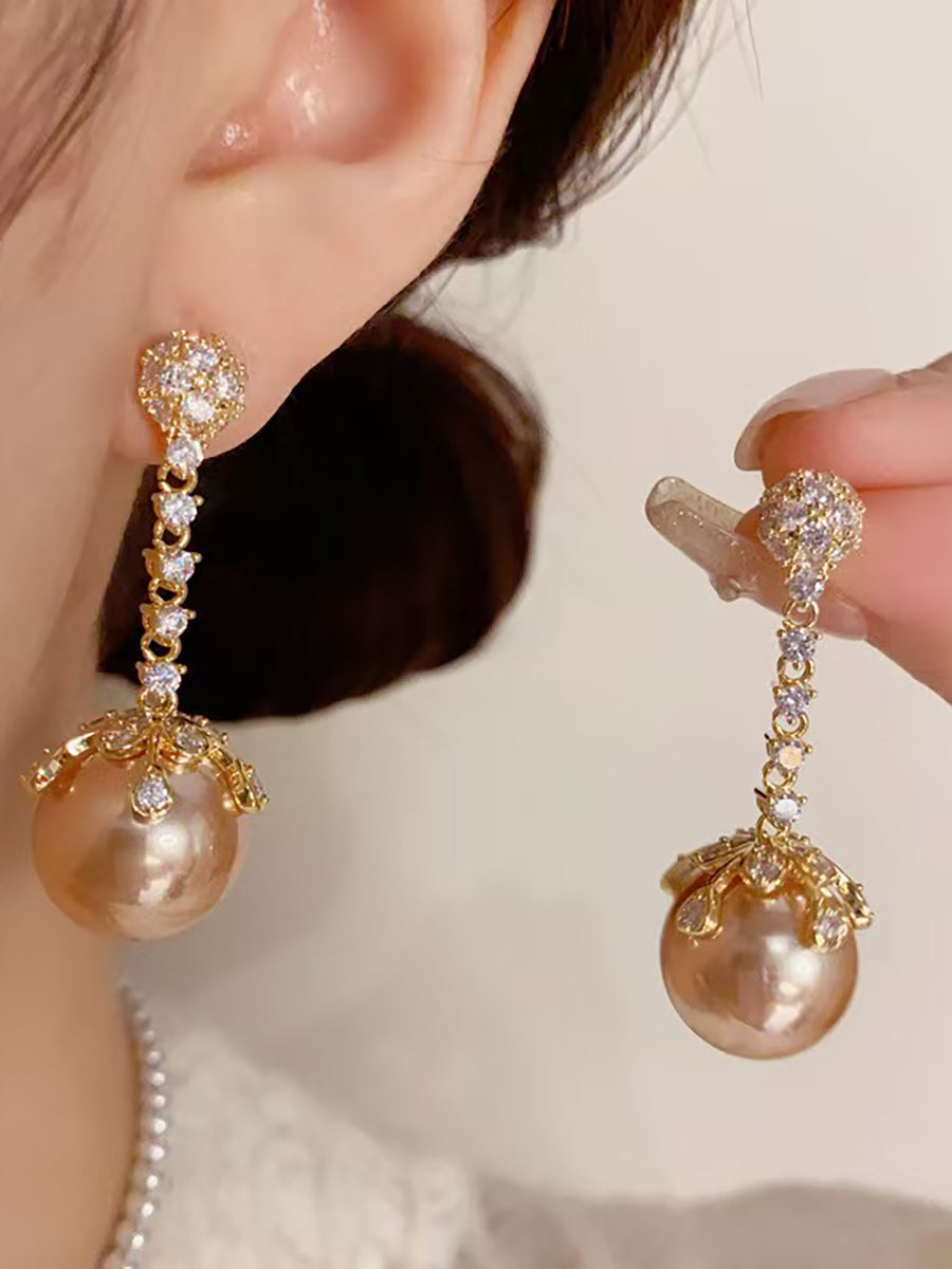Champagne Pearl Zircon Long Earrings MSE20035