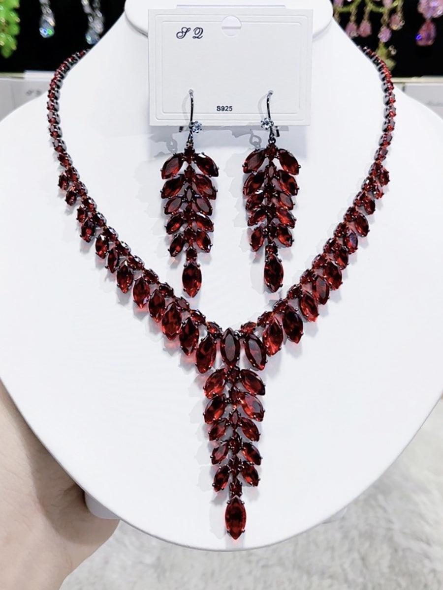 Garnet Red Crystal Leaf Cluster Necklace Set MRL20007