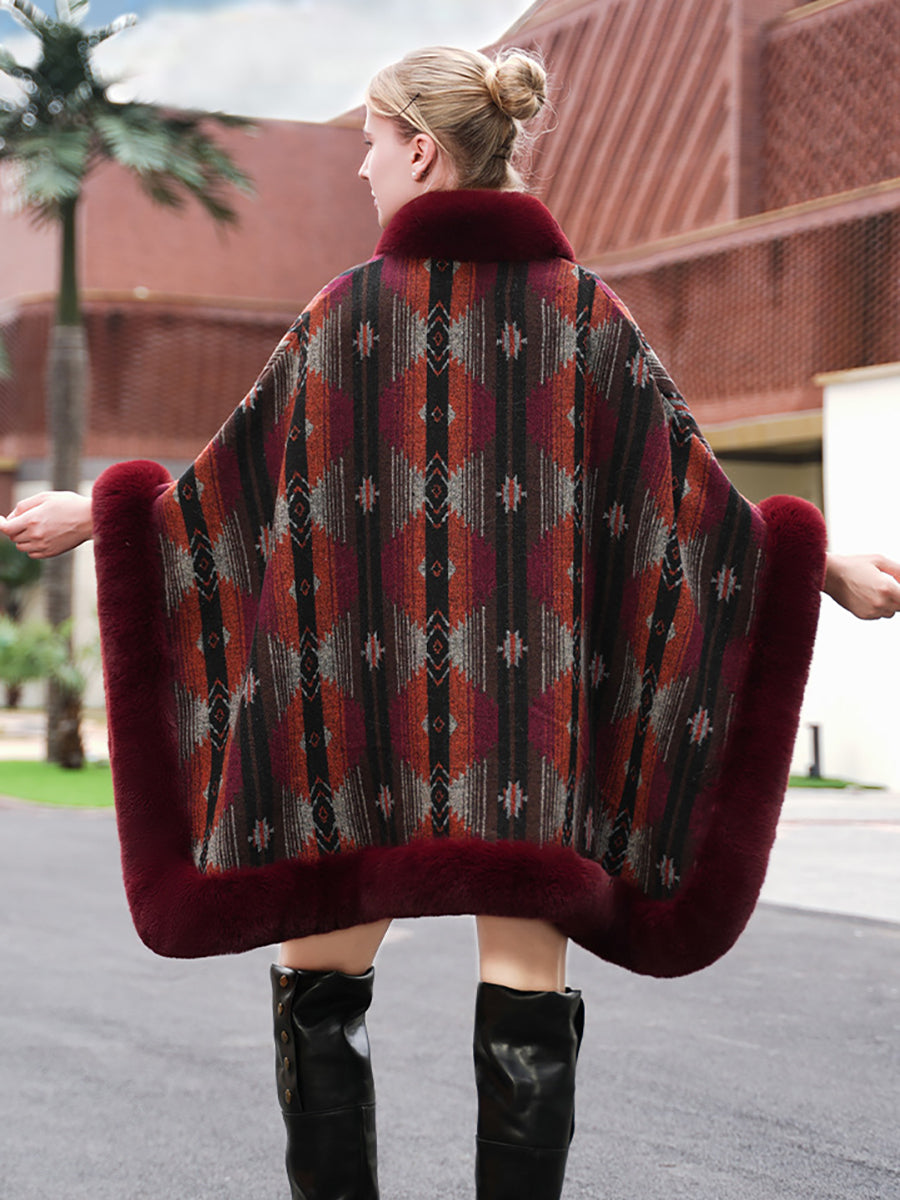 Geometric Faux Fur Trim Cape Shawl MSF034