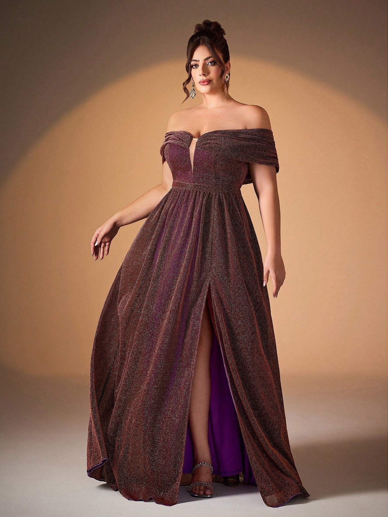 Plus Glitter Off-Shoulder A-Line Slit Evening Dress XF251301