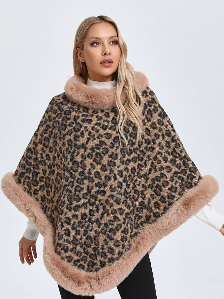 Leopard Print Faux Fur Trim Knitted Poncho Shawl MSF037
