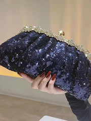 Navy Sequin Rhinestone Trim Ruched Clutch MNBF125