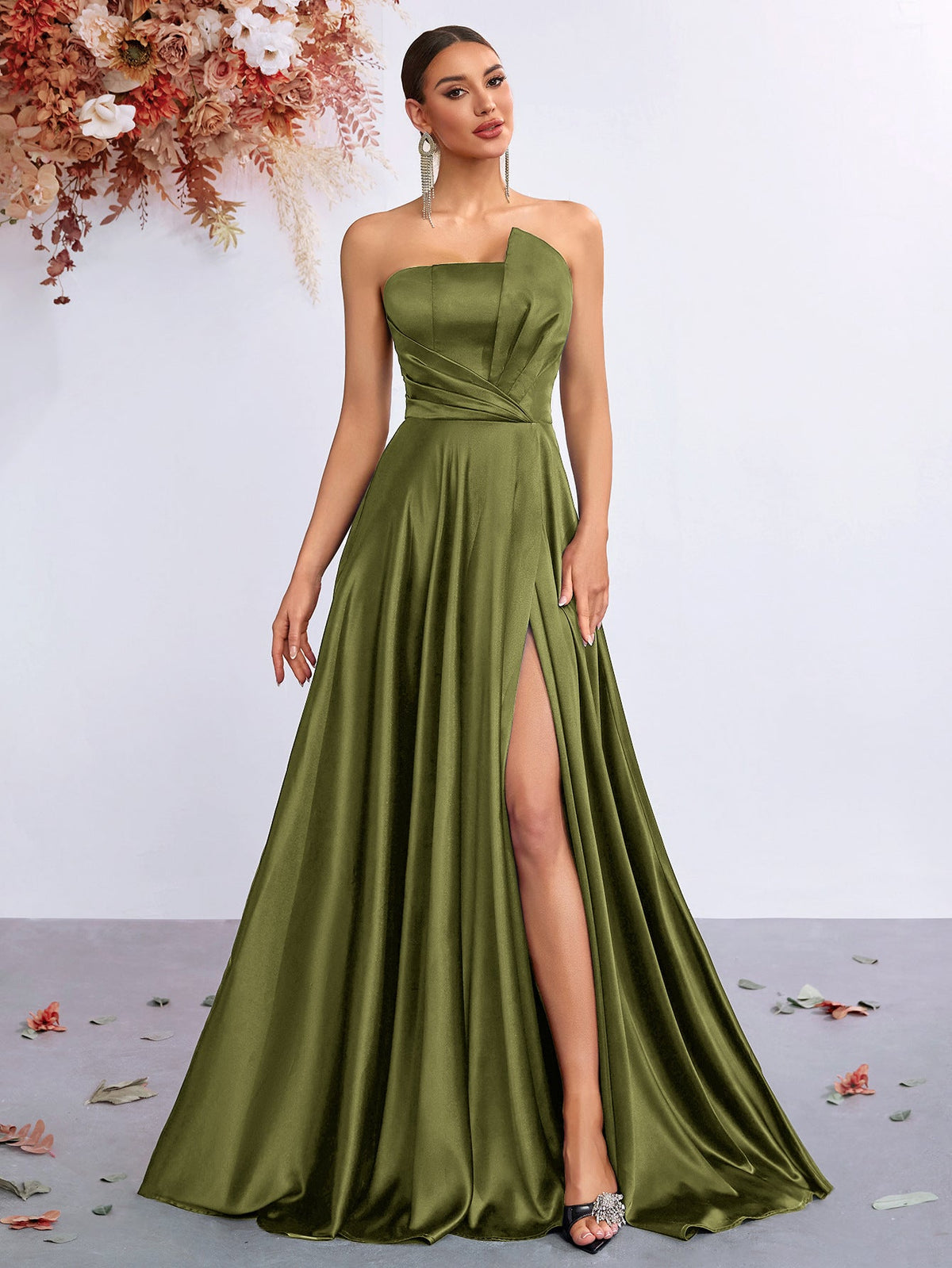 Olive Strapless Folds Satin A-Line Evening Dress XF251345