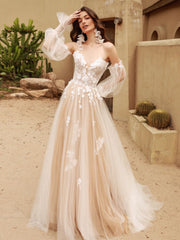 Off Shoulder Puff Sleeve 3D Floral Tulle A-Line Wedding Dress MSW081