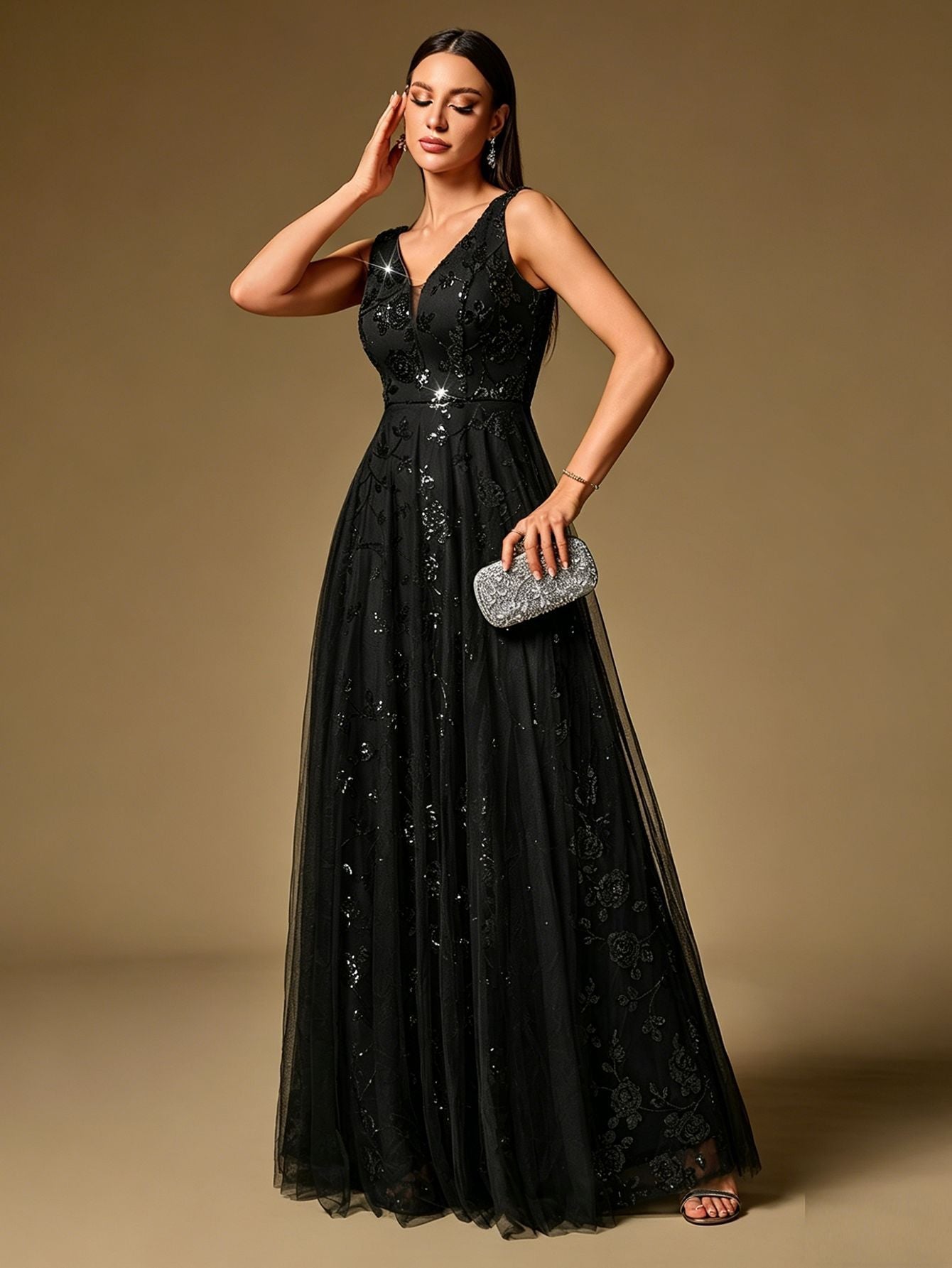 Pink Sequin Floral A-line Formal Dress XF251365