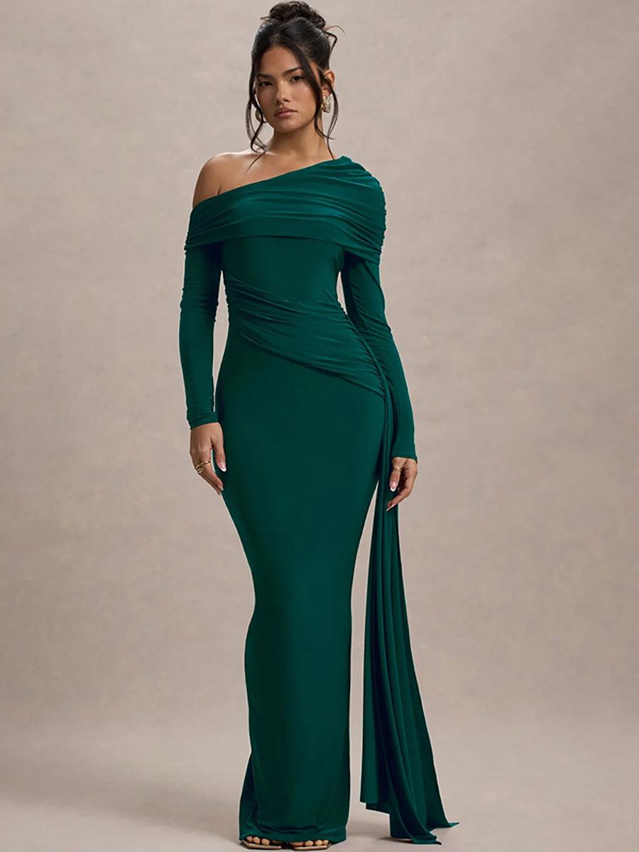 Slash Neck Ribbon Ruched Solid Prom Dress MYC2024