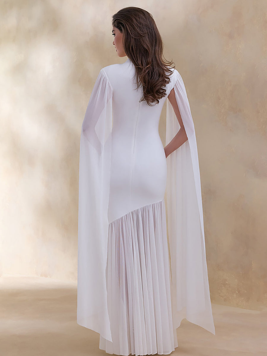 High Neck Cape Sleeve Asymmetric Pleated Maxi Dress XF251354