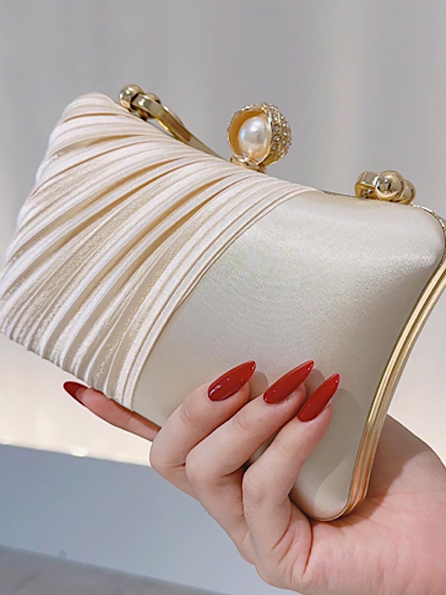 Satin Pleated Handheld Pearl Clutch MNBF123