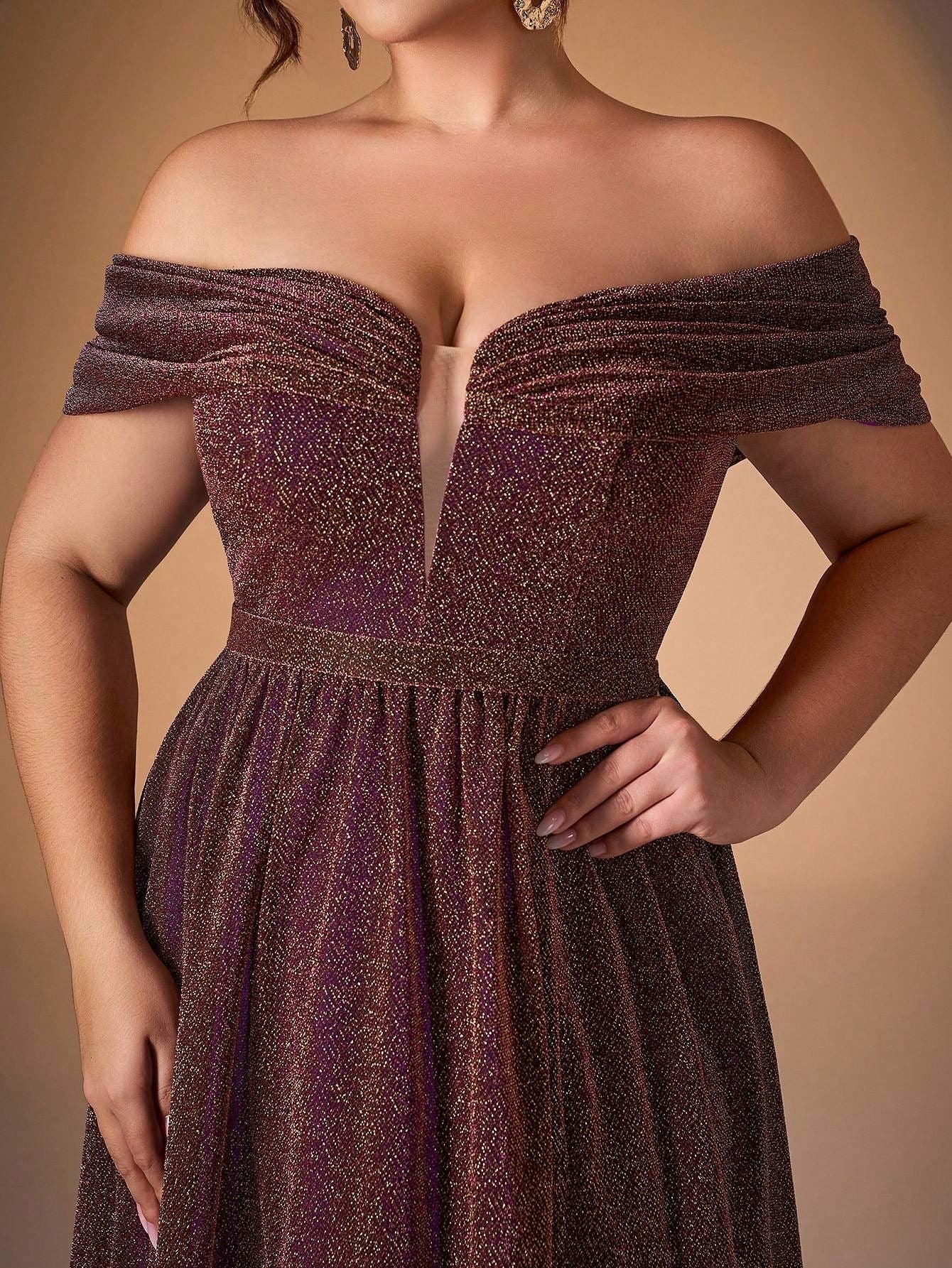 Plus Glitter Off-Shoulder A-Line Slit Evening Dress XF251301