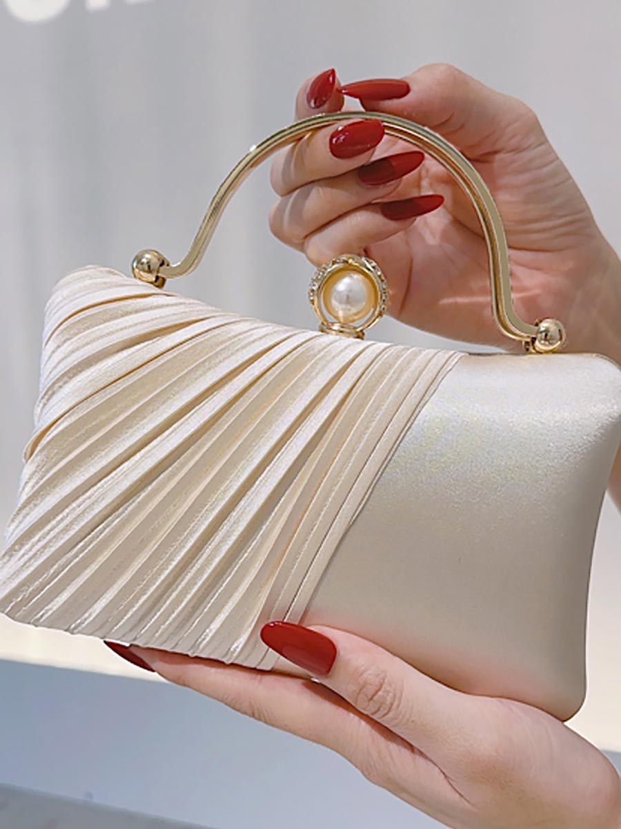 Satin Pleated Handheld Pearl Clutch MNBF123