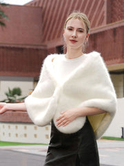 White Short Faux Fur Knitted Poncho Shawl MSF041