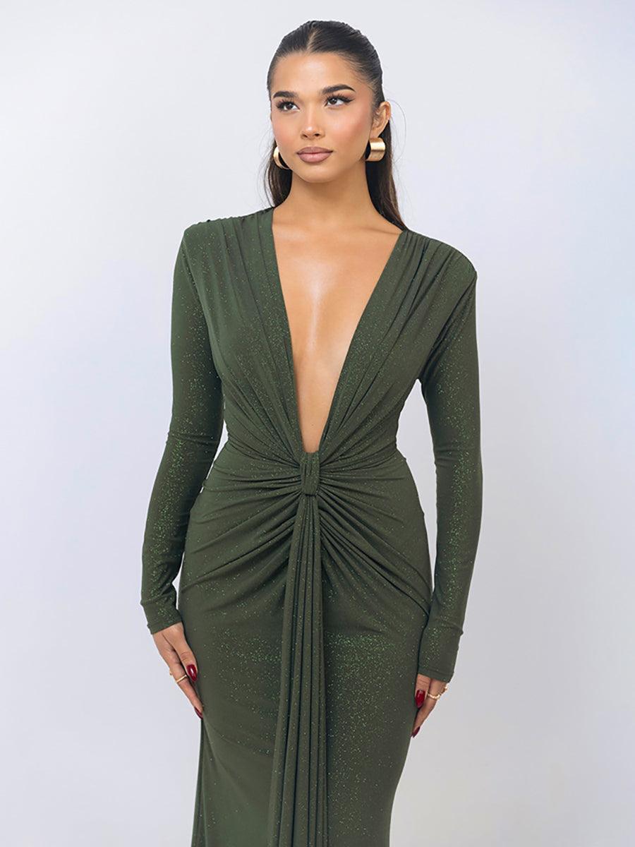 Plung Long Sleeve Ruched Solid Prom Dress MYC2022