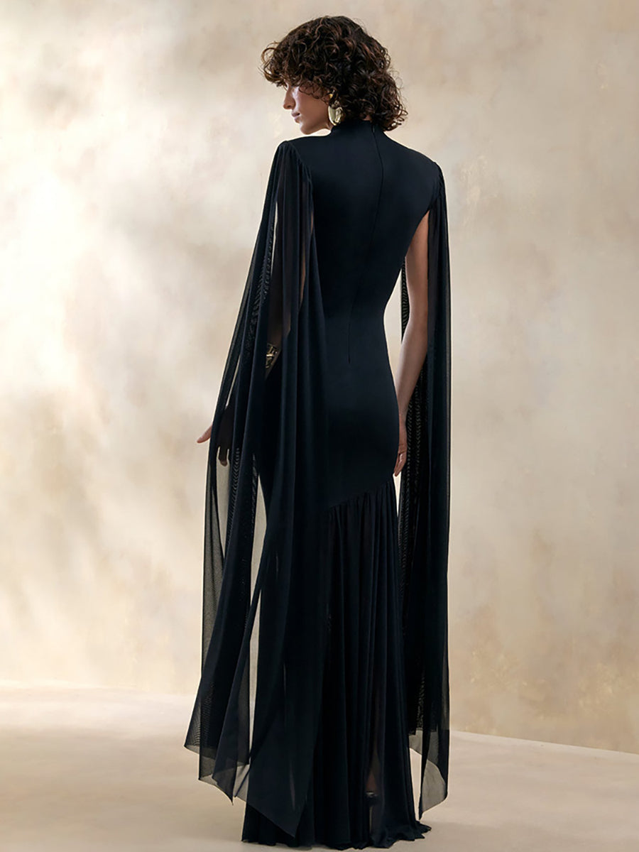 High Neck Cape Sleeve Asymmetric Pleated Maxi Dress XF251354