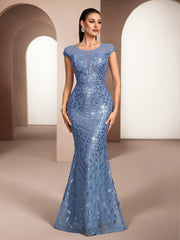 Dusty Blue Leaf Sequin Mermaid Evening Dress XF251367
